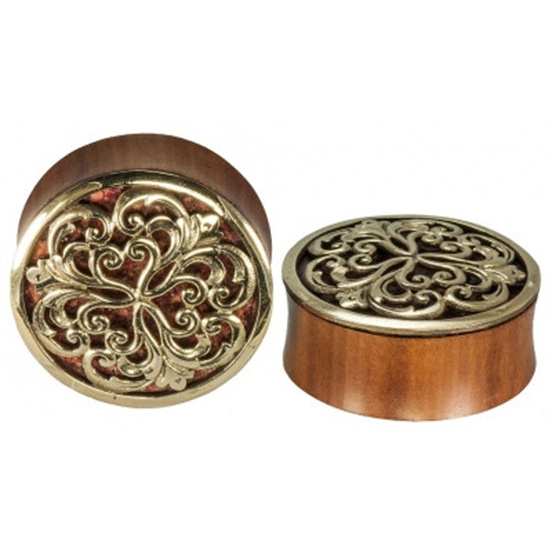 Althea Plugs - Brass + Coral Inlay