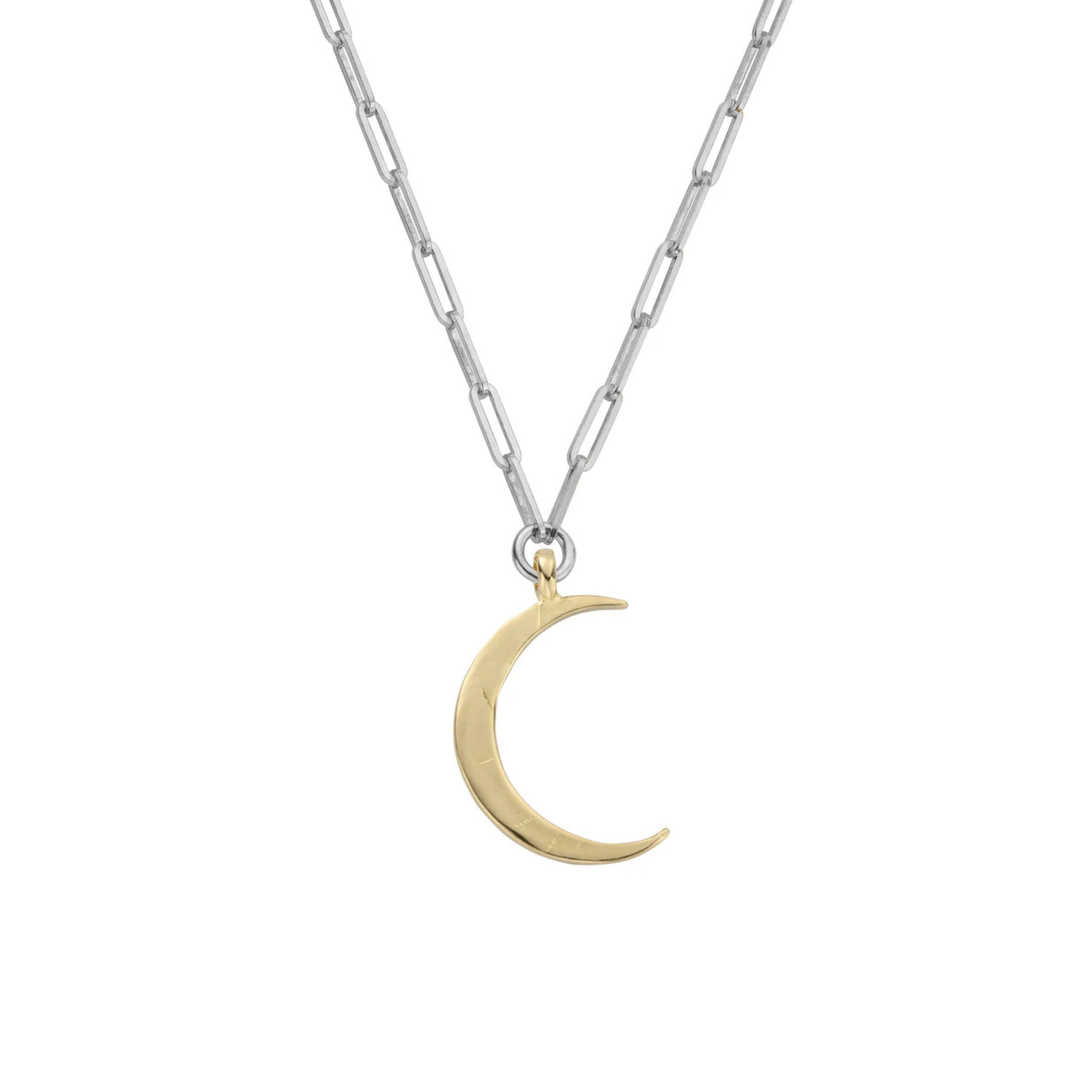 Silver & Gold Large Crescent Moon Trace Chain Necklace