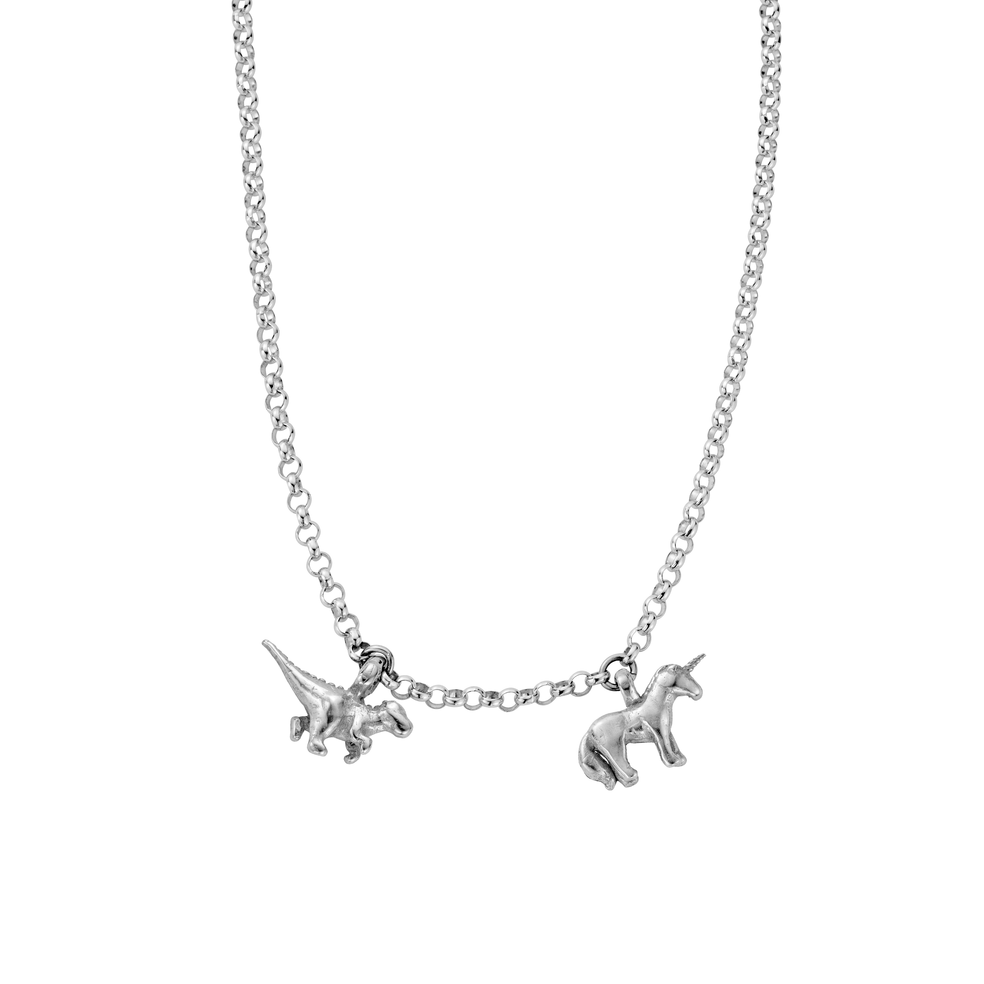 Silver Dinosaur and Unicorn Belcher Necklace