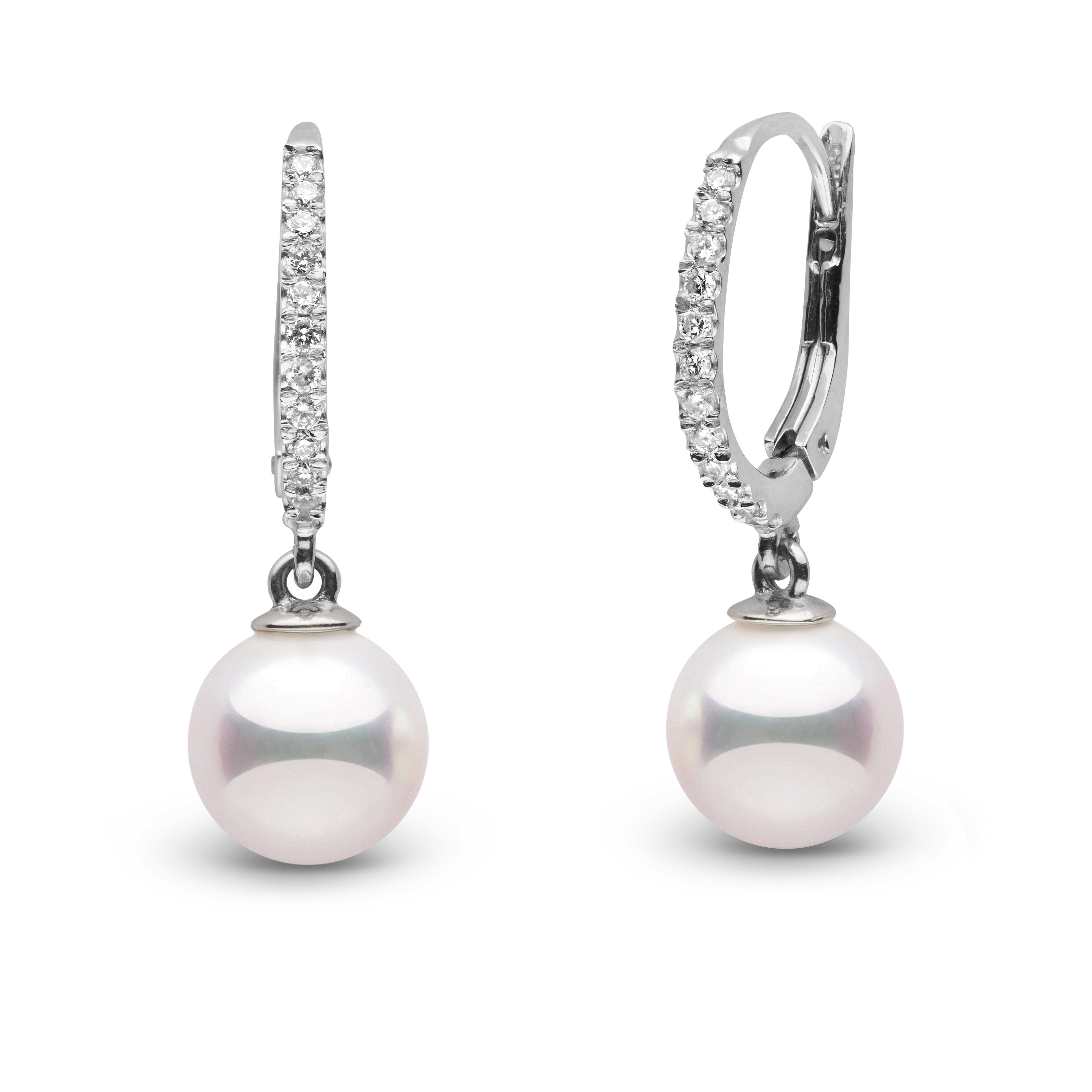 Eternal Collection 8.0-8.5 mm White Hanadama Pearl and Diamond Dangle Earrings