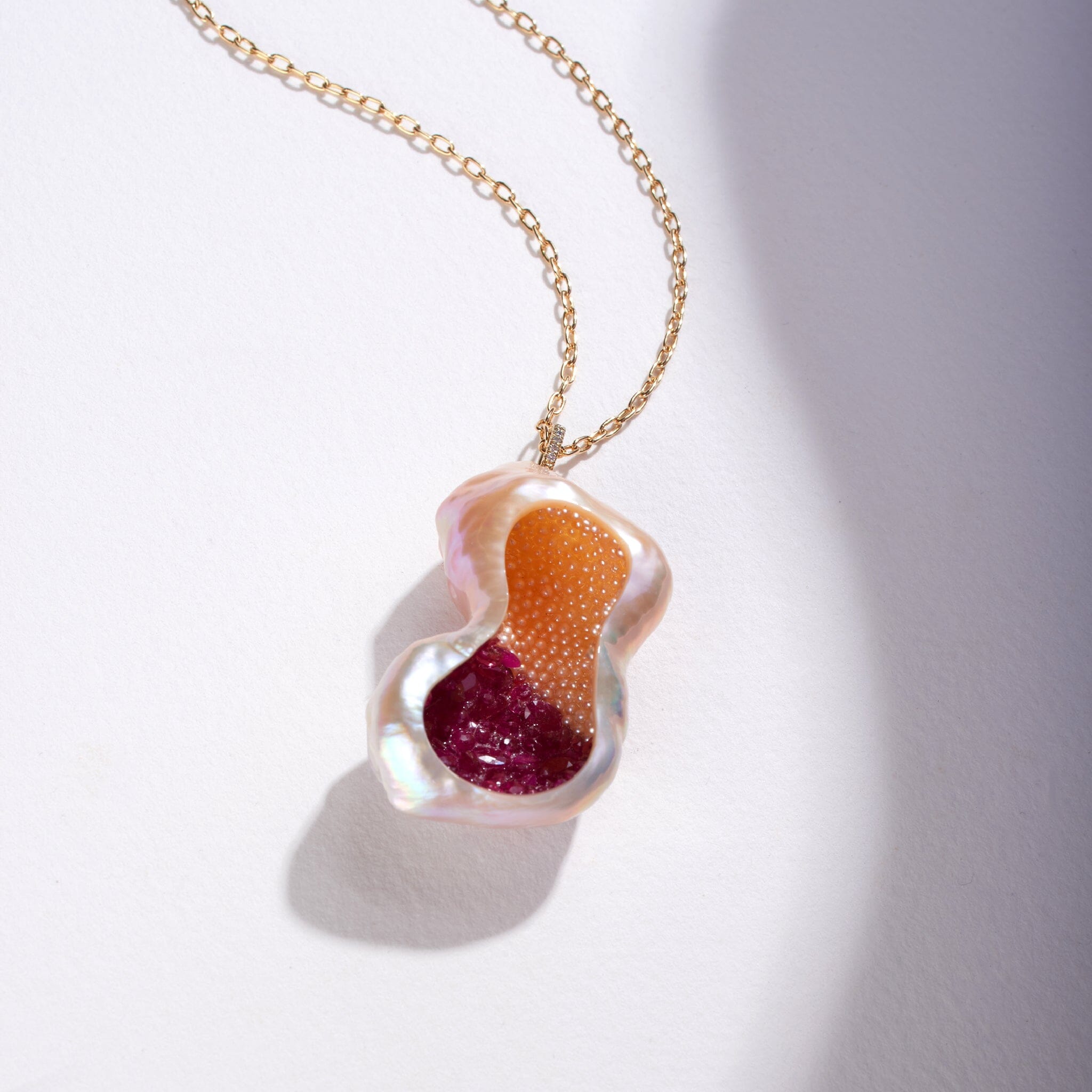 Freshwater Souffle Pearl Finestrino Pendant with Seed Pearls, Rubies and Diamond Bail
