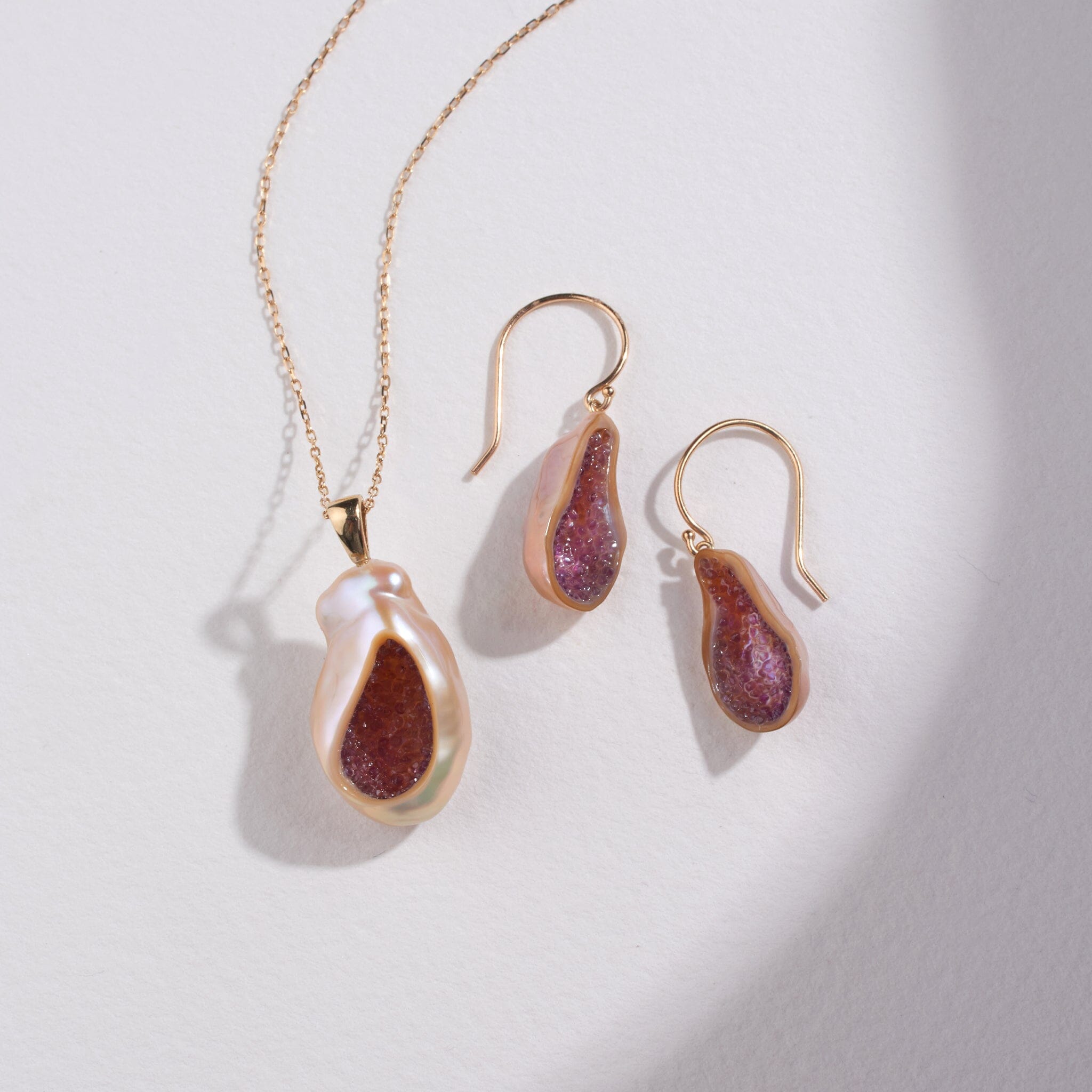 Freshwater Souffle Pearl Geode Earrings & Finestrino Pendant Set with Amethyst