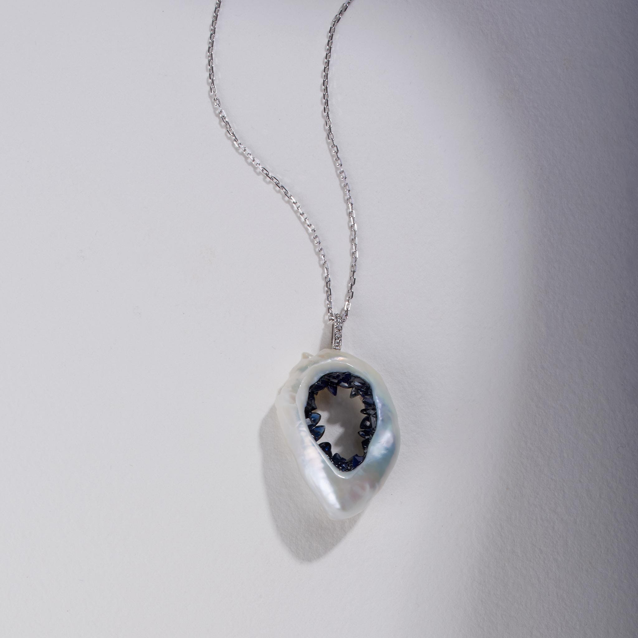 Freshwater Souffle Pearl Grotto Pendant with Blue Sapphire and Diamond Bail