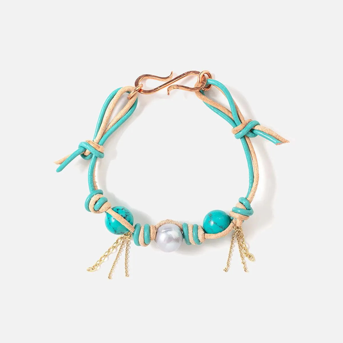 Mexican Turquoise Pearl Gold Chain Rocker Leather Bracelet